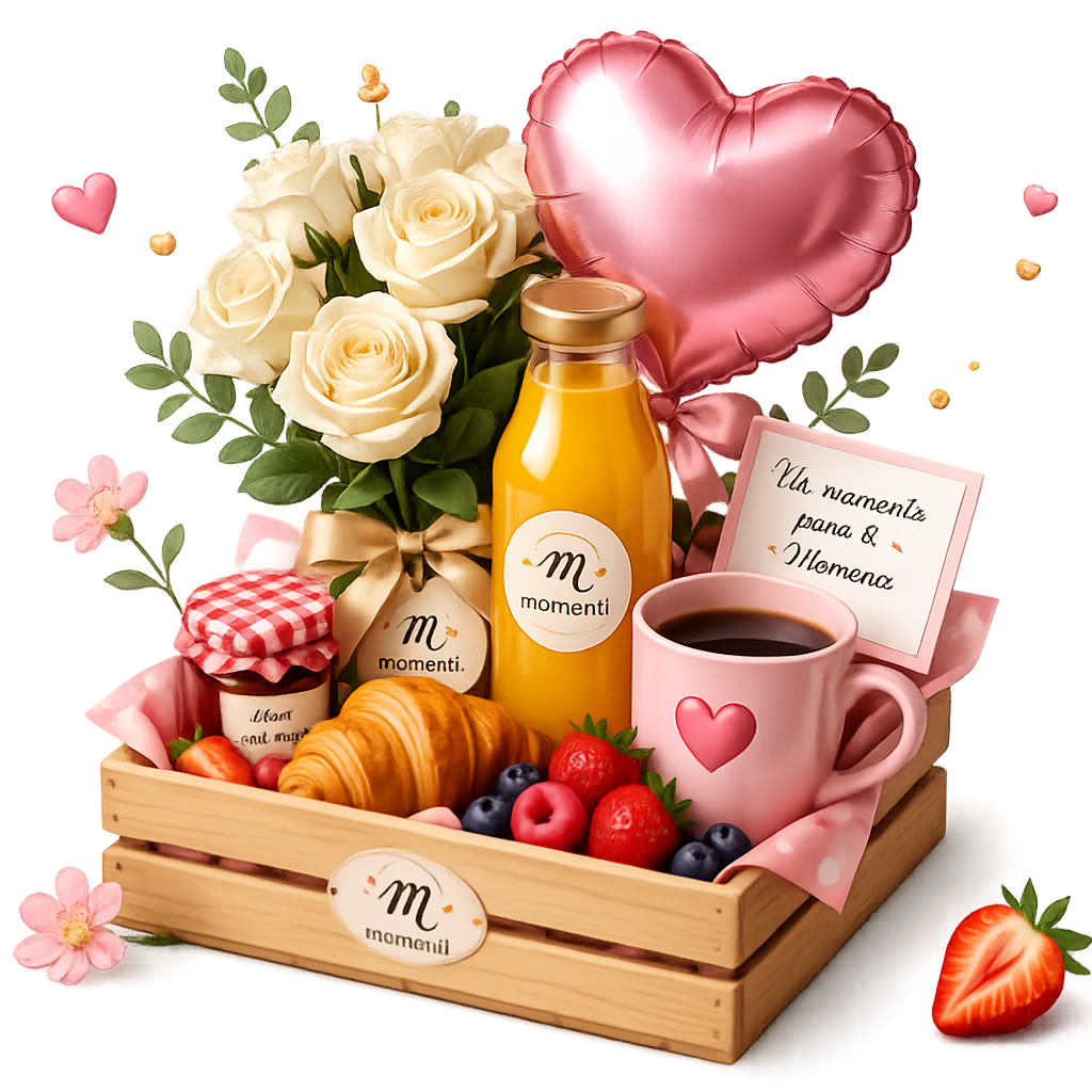 Desayuno sorpresa Momenti en caja de madera con flores y fresas